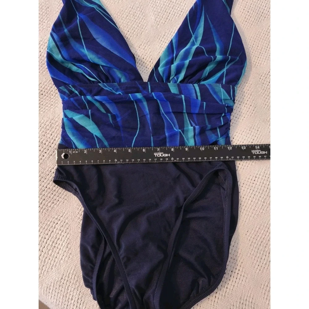 Vintage 90s Halter‎ One Piece Swimsuit Blue Ruched Waist Size 14